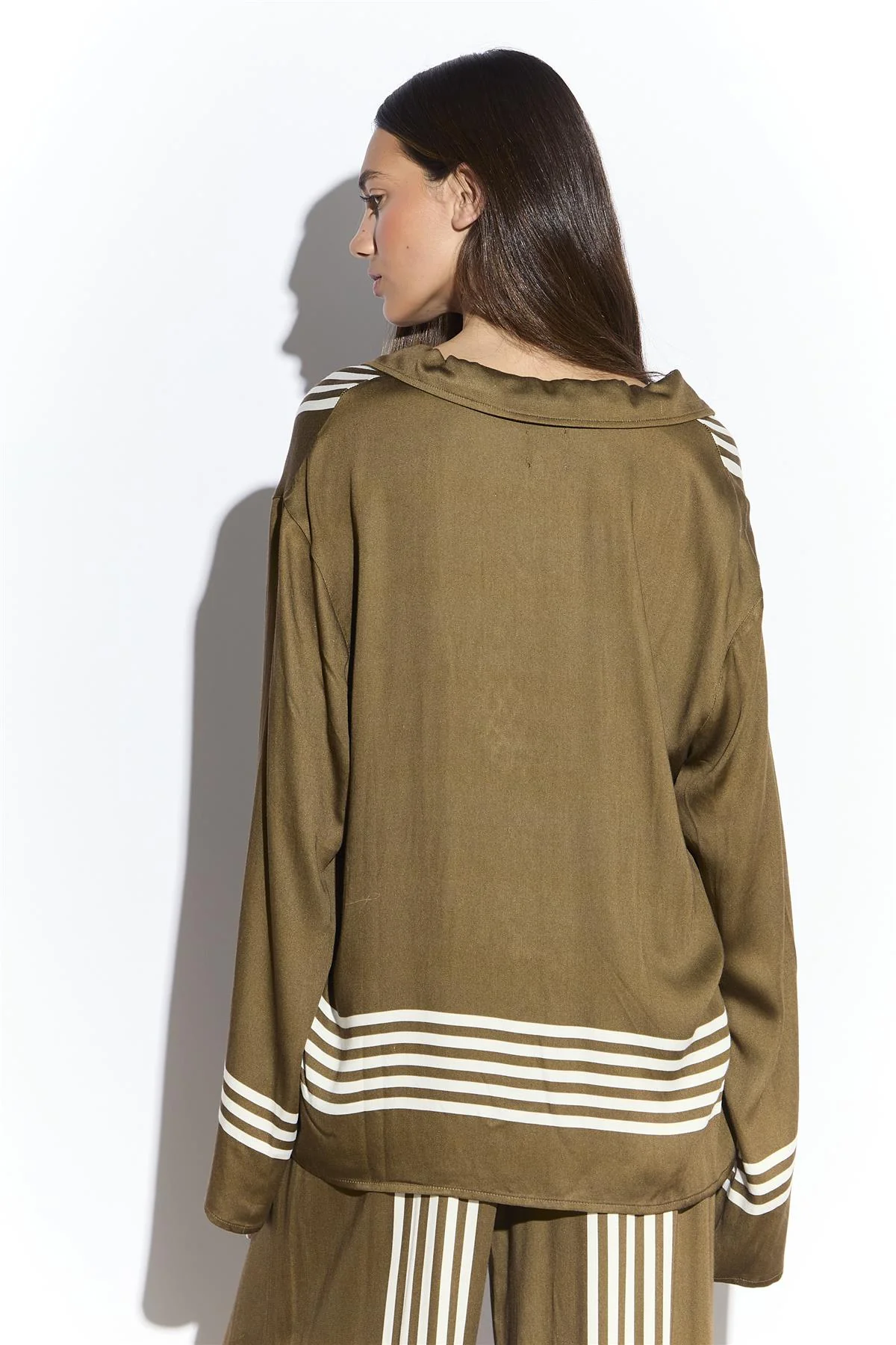 Olive Cream Stripe Button Front Shirt - Image 2