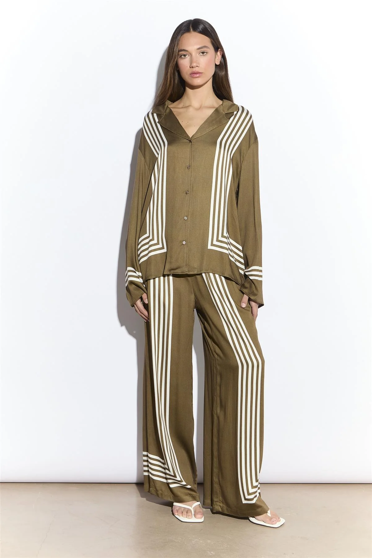 Olive Cream Stripe Button Front Shirt - Image 3