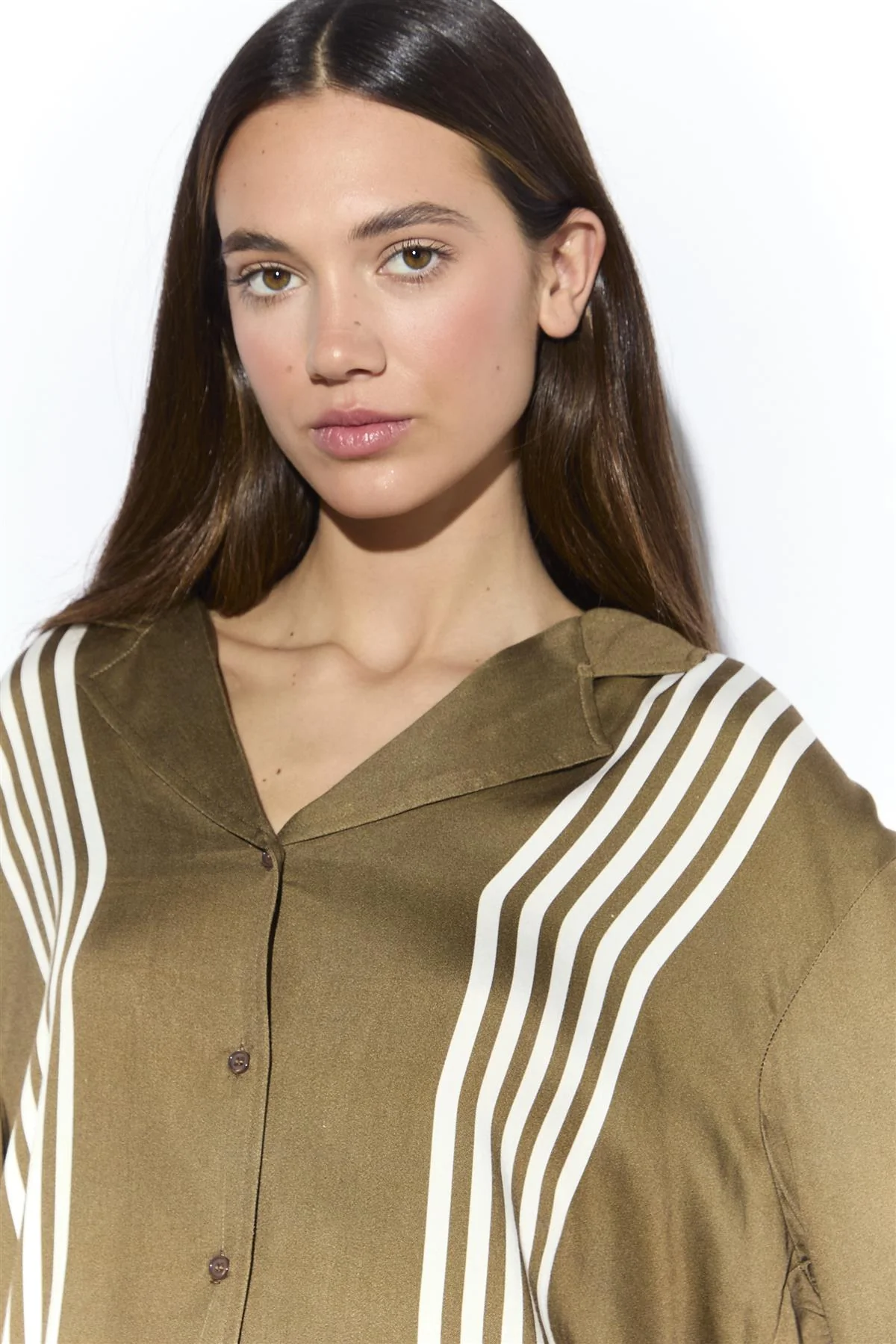 Olive Cream Stripe Button Front Shirt - Image 4