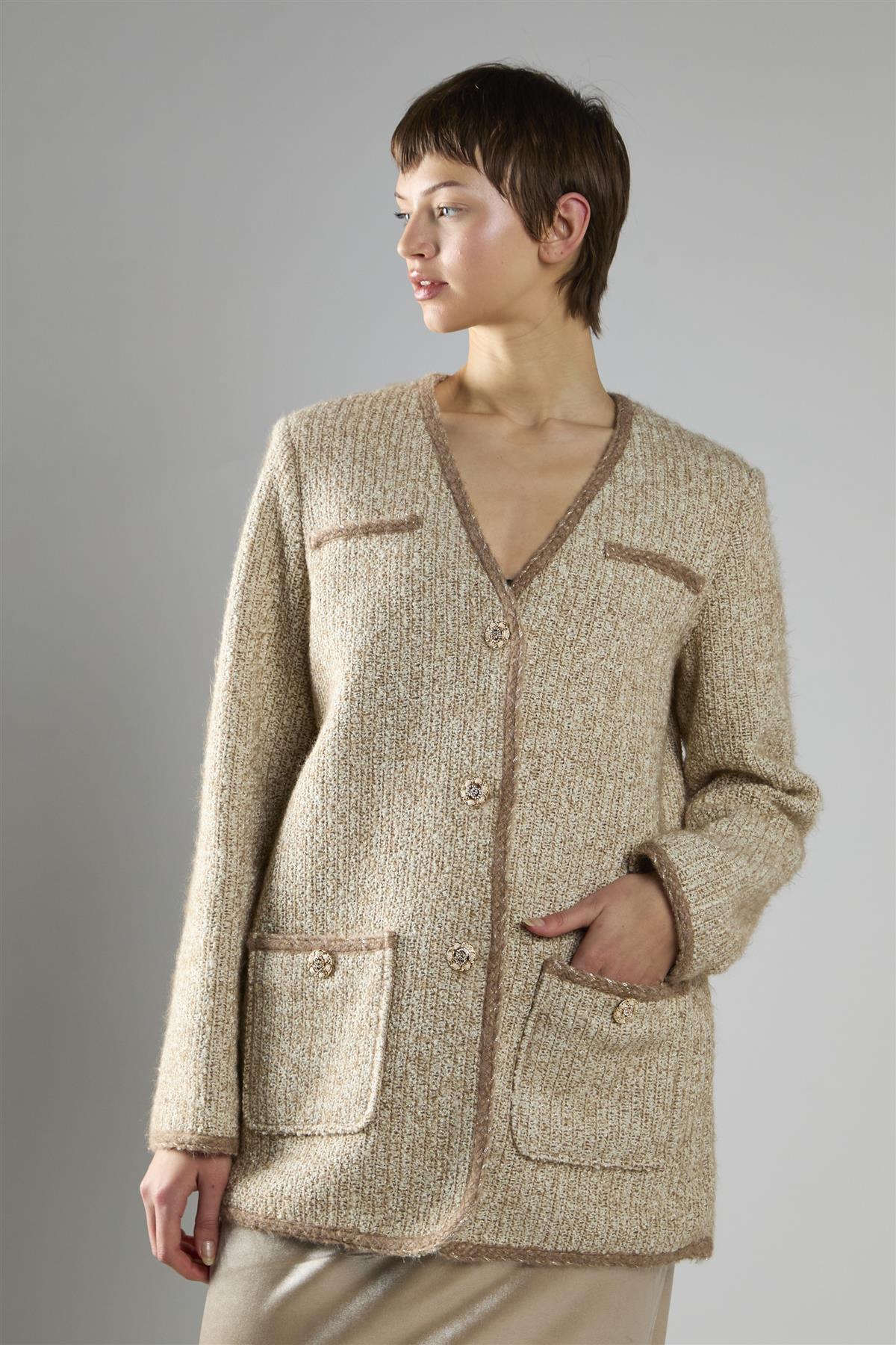 On-Trend Elegant Tweed Blazer in Stone Multi - Image 3