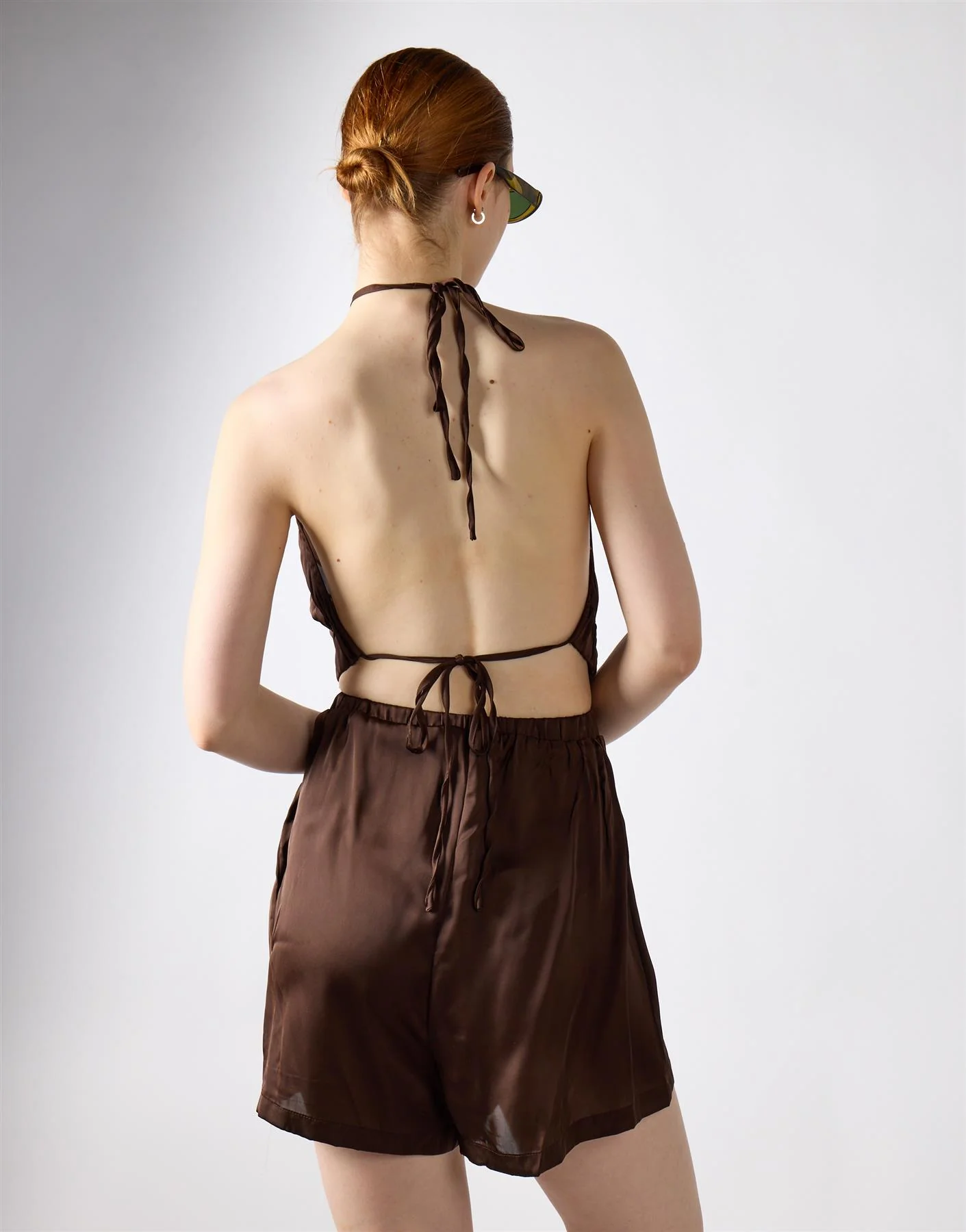 Brown Open Tie Back Halter Playsuit - Image 2