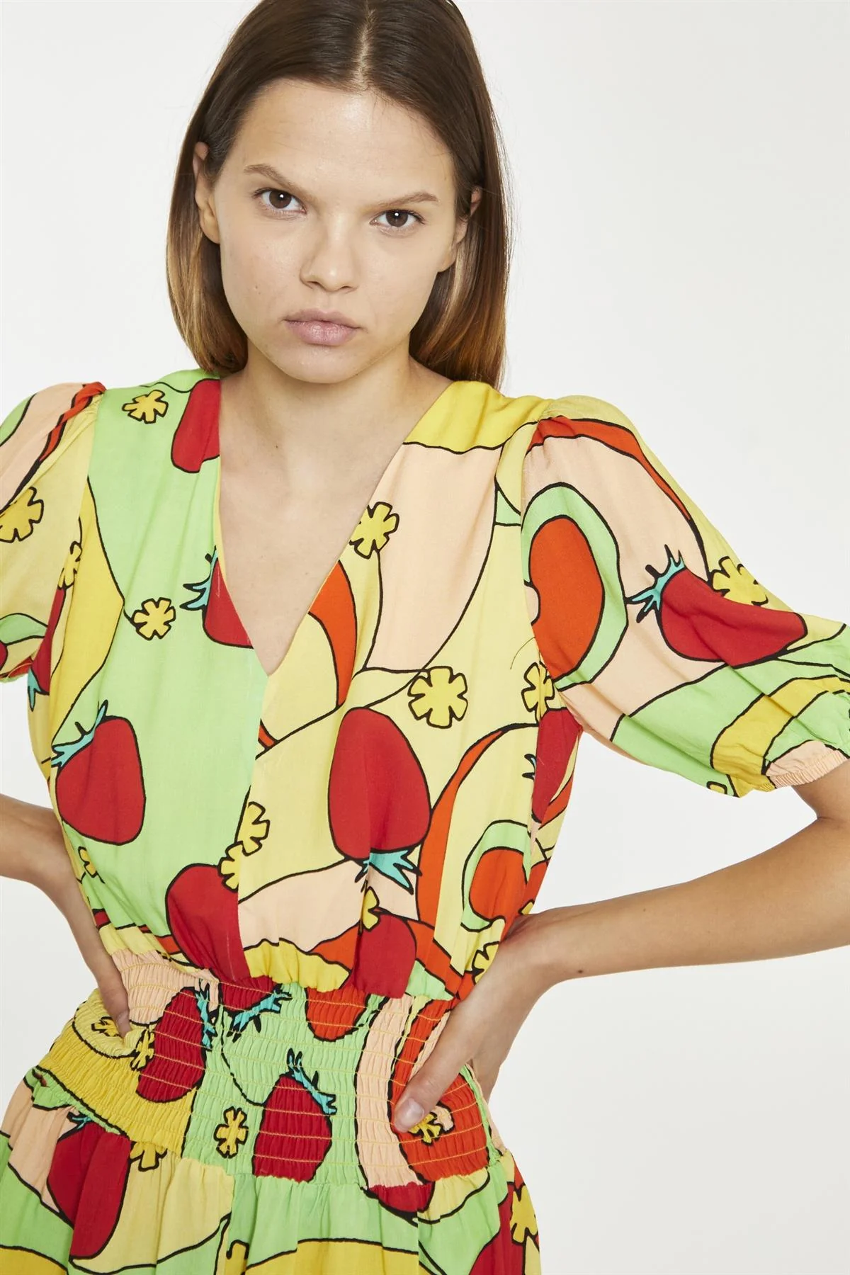 Orange-Swirl Strawberry Shirred Waist Loose-Playsuit - Image 3