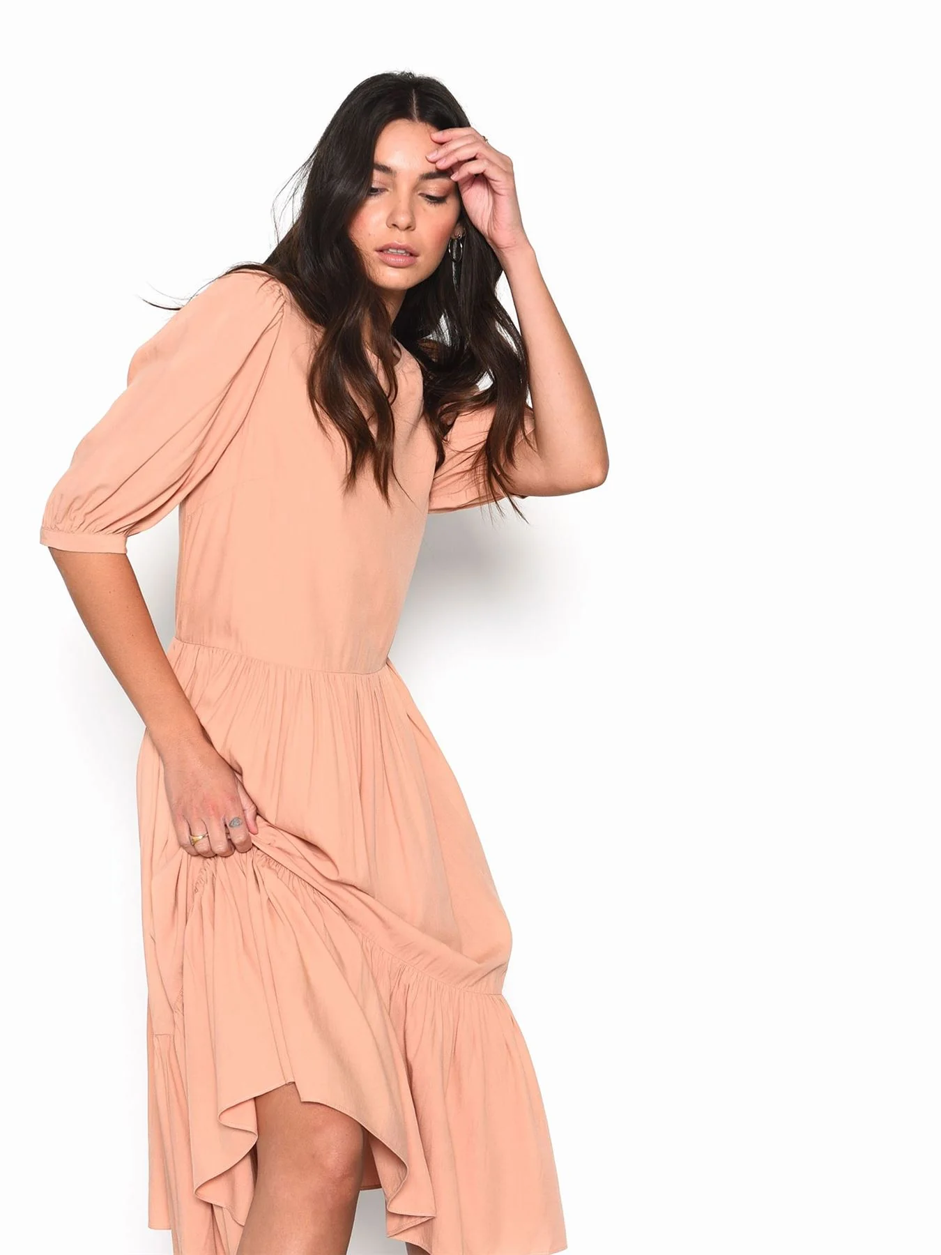 Peach Long Sleeve Puff Midi Dress - Image 3