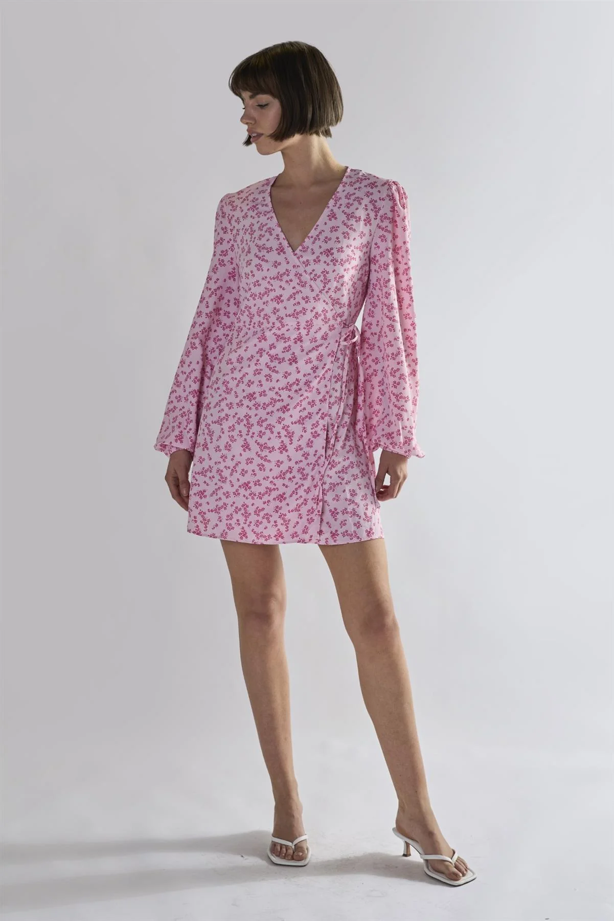 Pink-Fuschia-Ditsy Wrap Mini-Dress