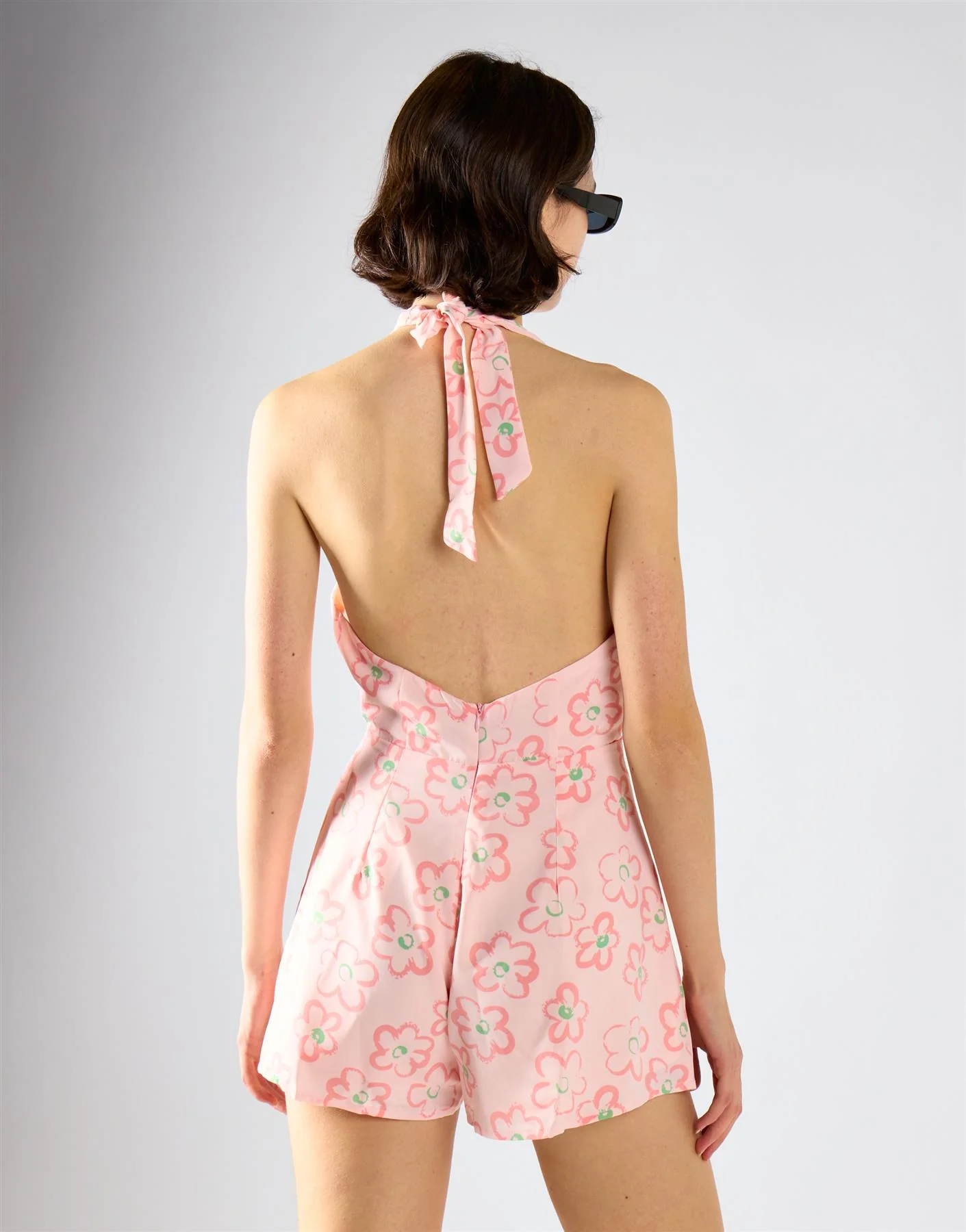 Pink Painted Floral Halter Tie Neck Playsuit - Image 2