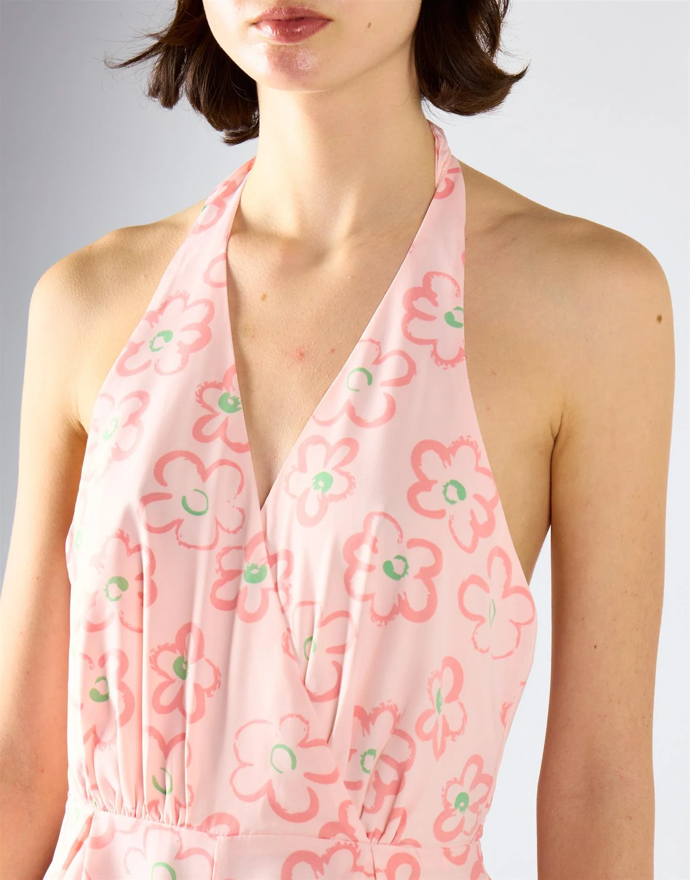 Pink Painted Floral Halter Tie Neck Playsuit - Image 4