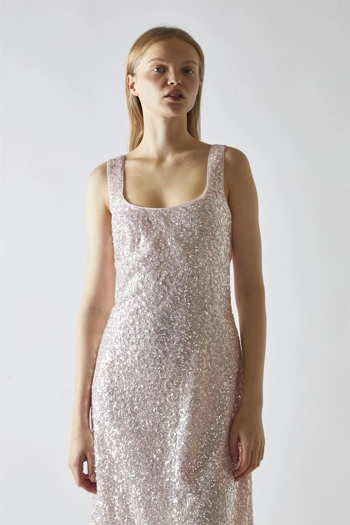 Pink-Silver Sequin Square-Neck Bias-Cut Midaxi-Dress - Image 3