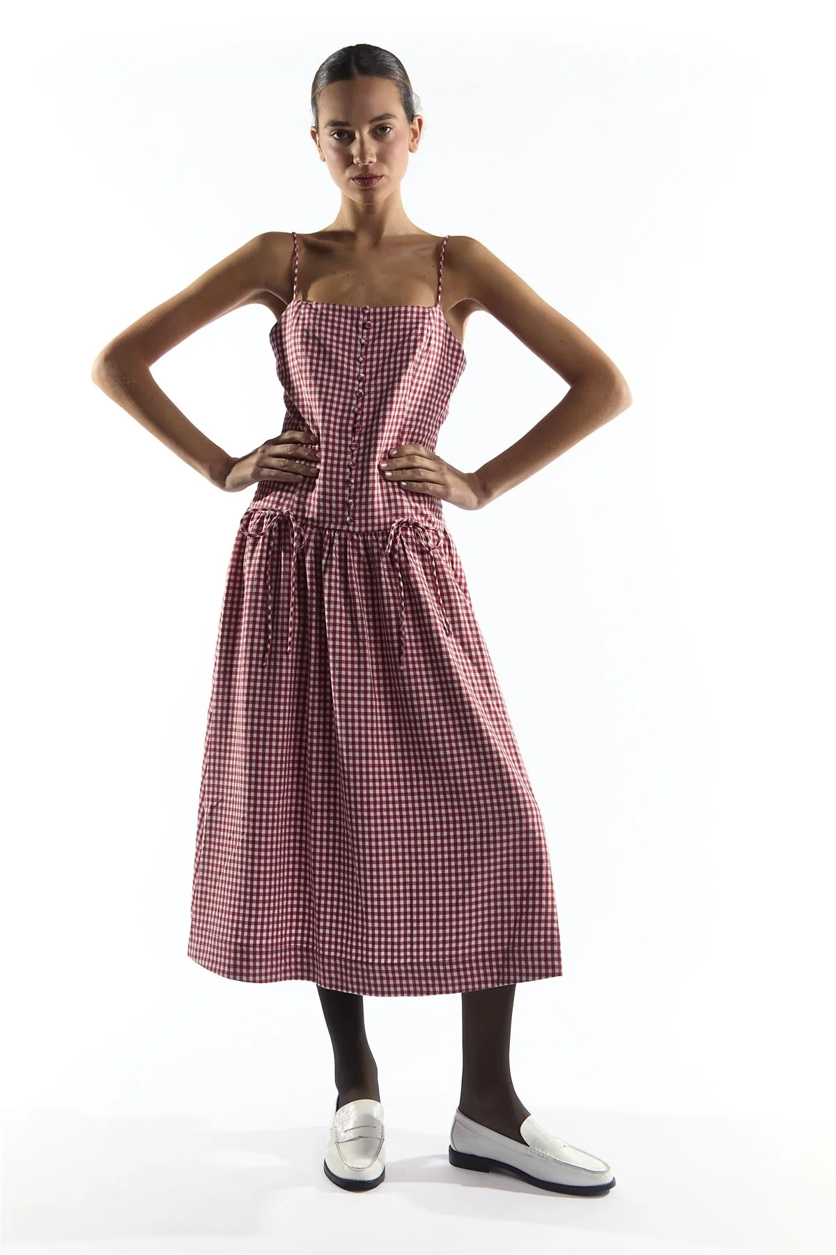 Red Gingham Button Through Dropped Waist Midi Dress