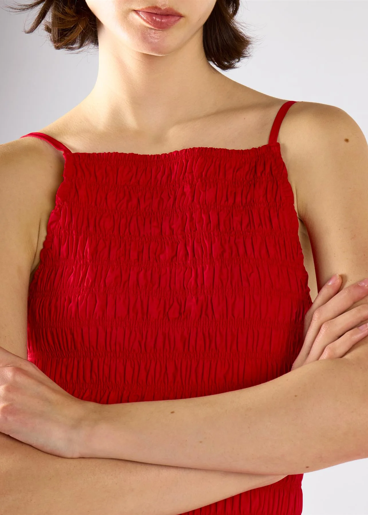 Red Shirring Body Boat Neck Maxi Dress - Image 5