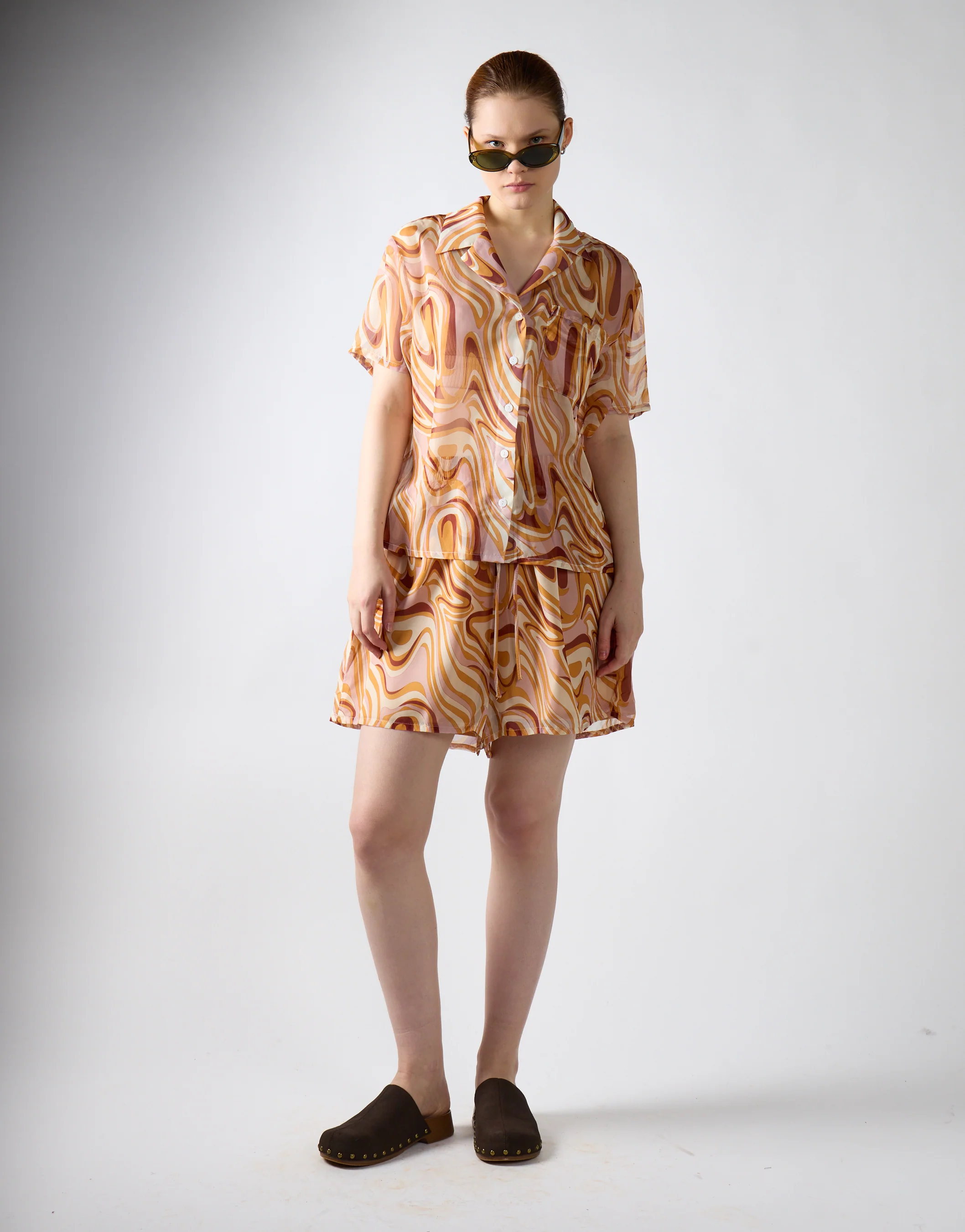 Retro-Marble Sheer Short-Sleeve-Top