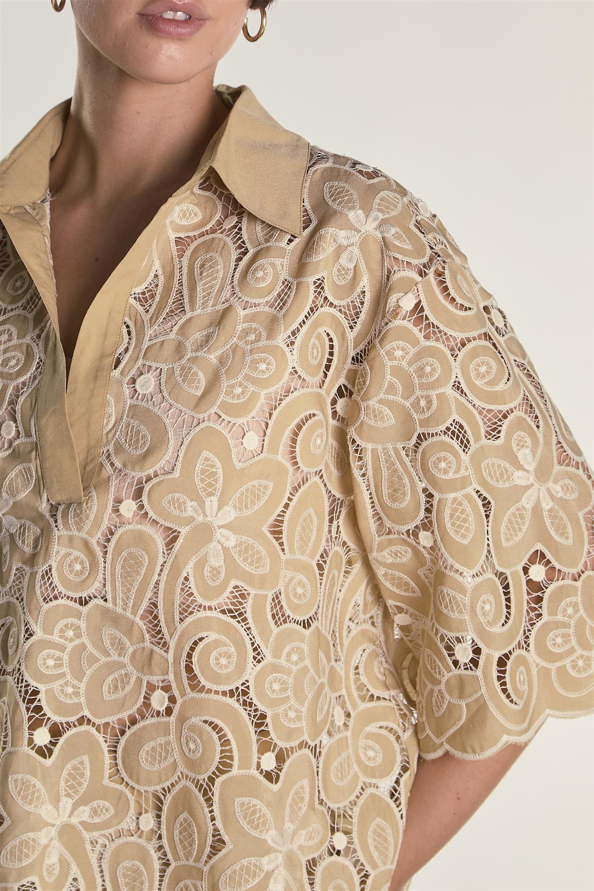 Sand Embroidered Flare Short Sleeve Shirt - Image 4