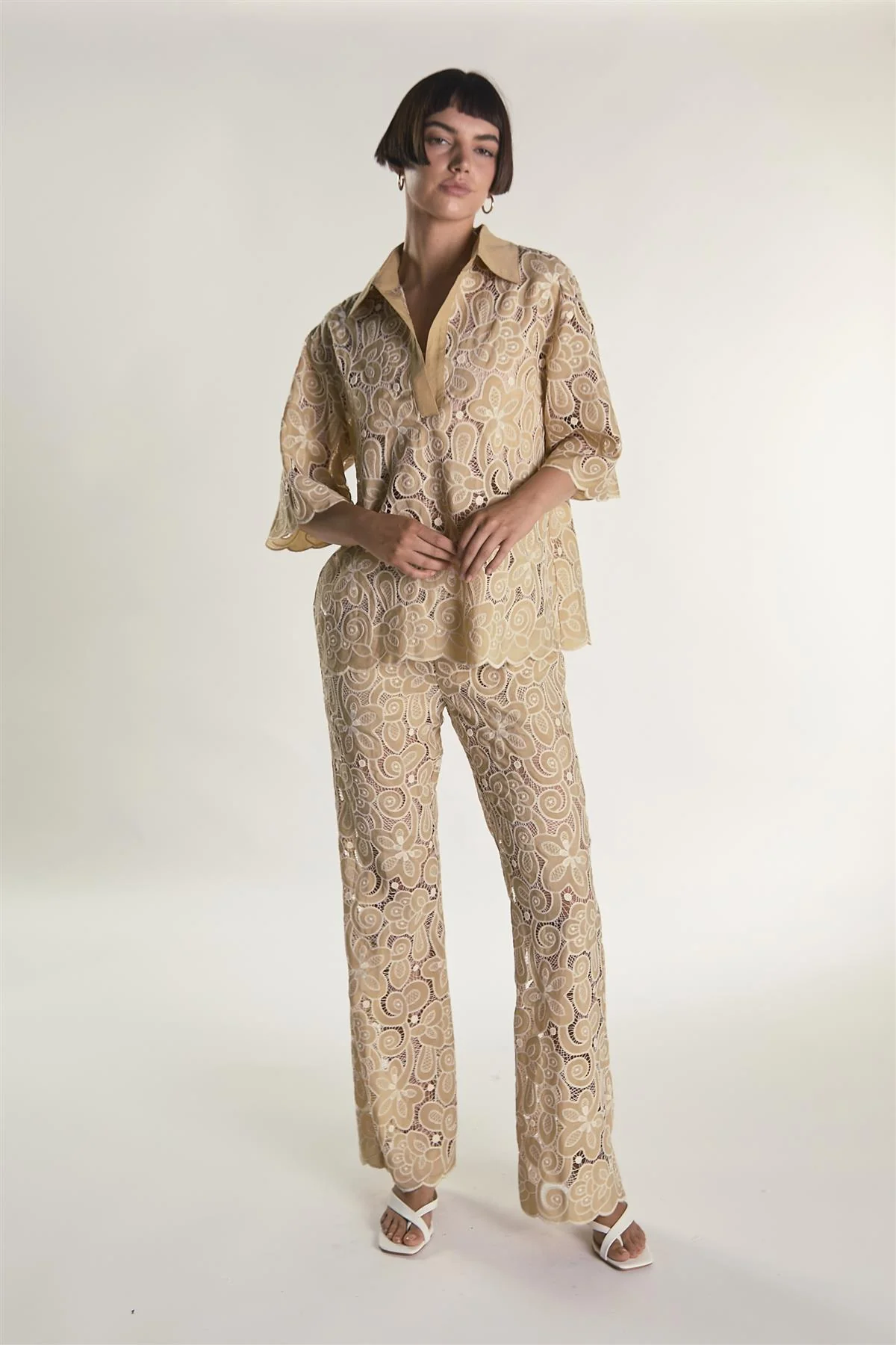 Sand Embroidered Flare Short Sleeve Shirt - Image 5