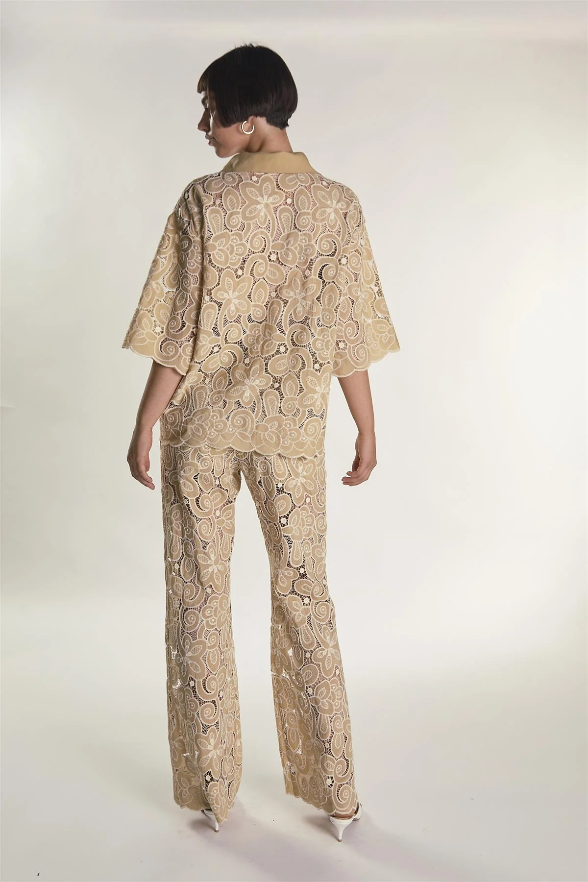 Sand Embroidered High Waisted Flared Trousers - Image 3