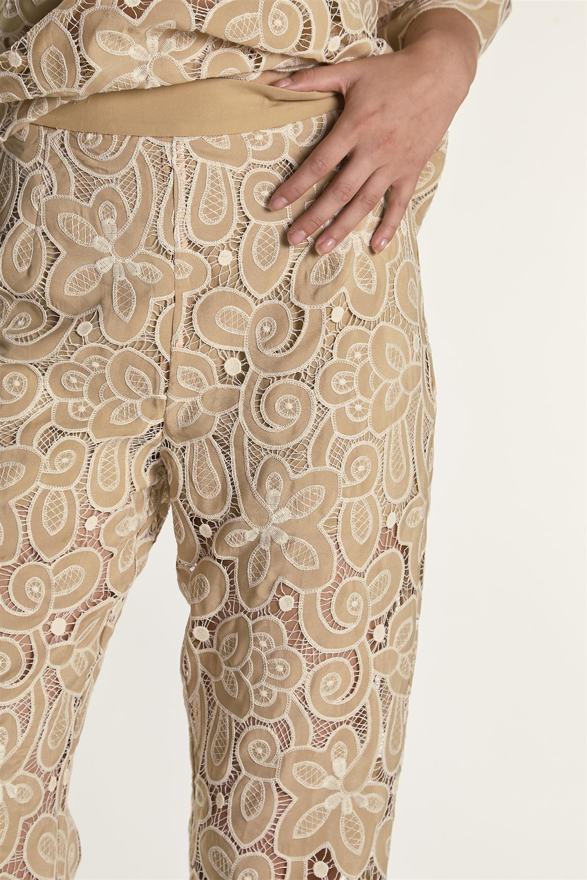Sand Embroidered High Waisted Flared Trousers - Image 4