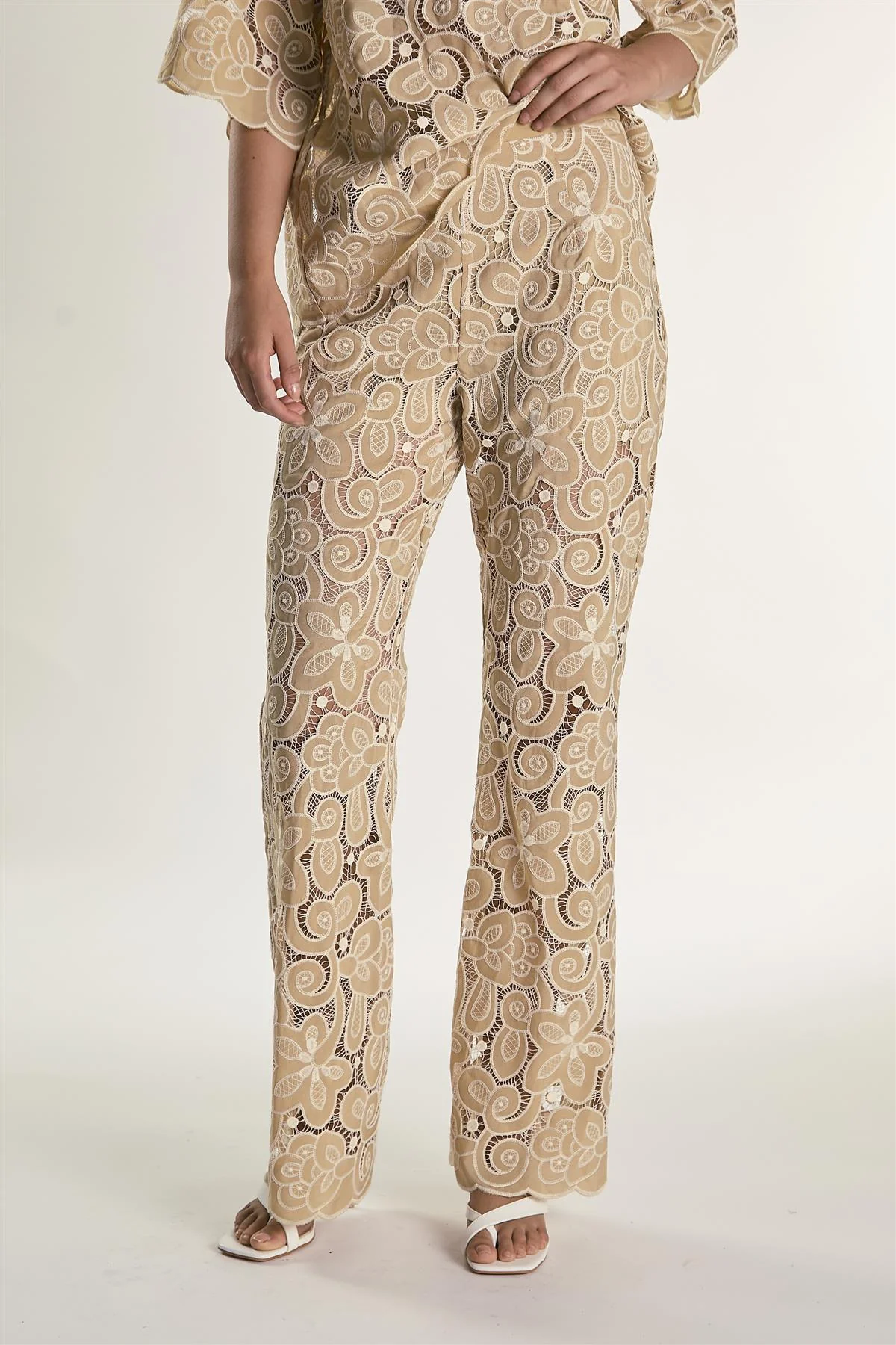 Sand Embroidered High Waisted Flared Trousers - Image 5