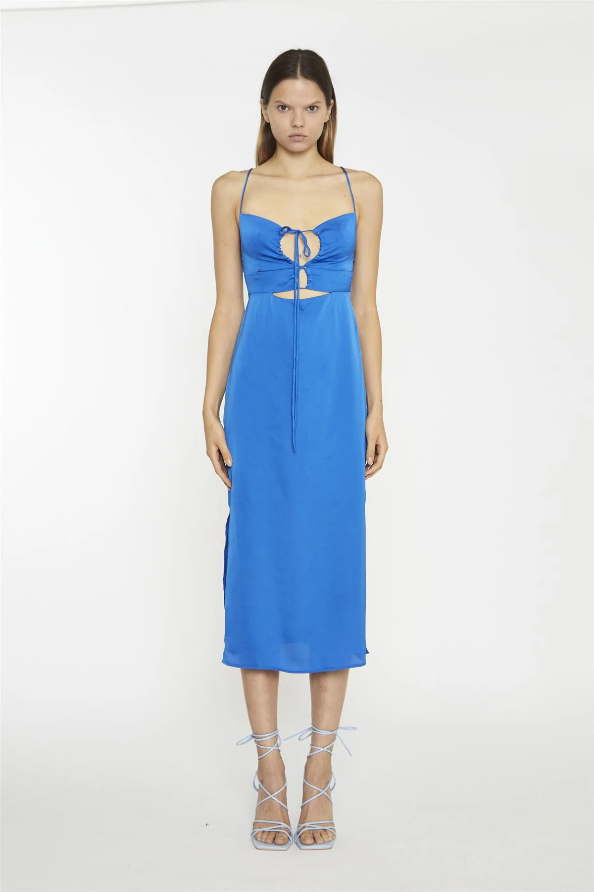 Scoop Neck Slip  Midi Dress - Blue Sateen
