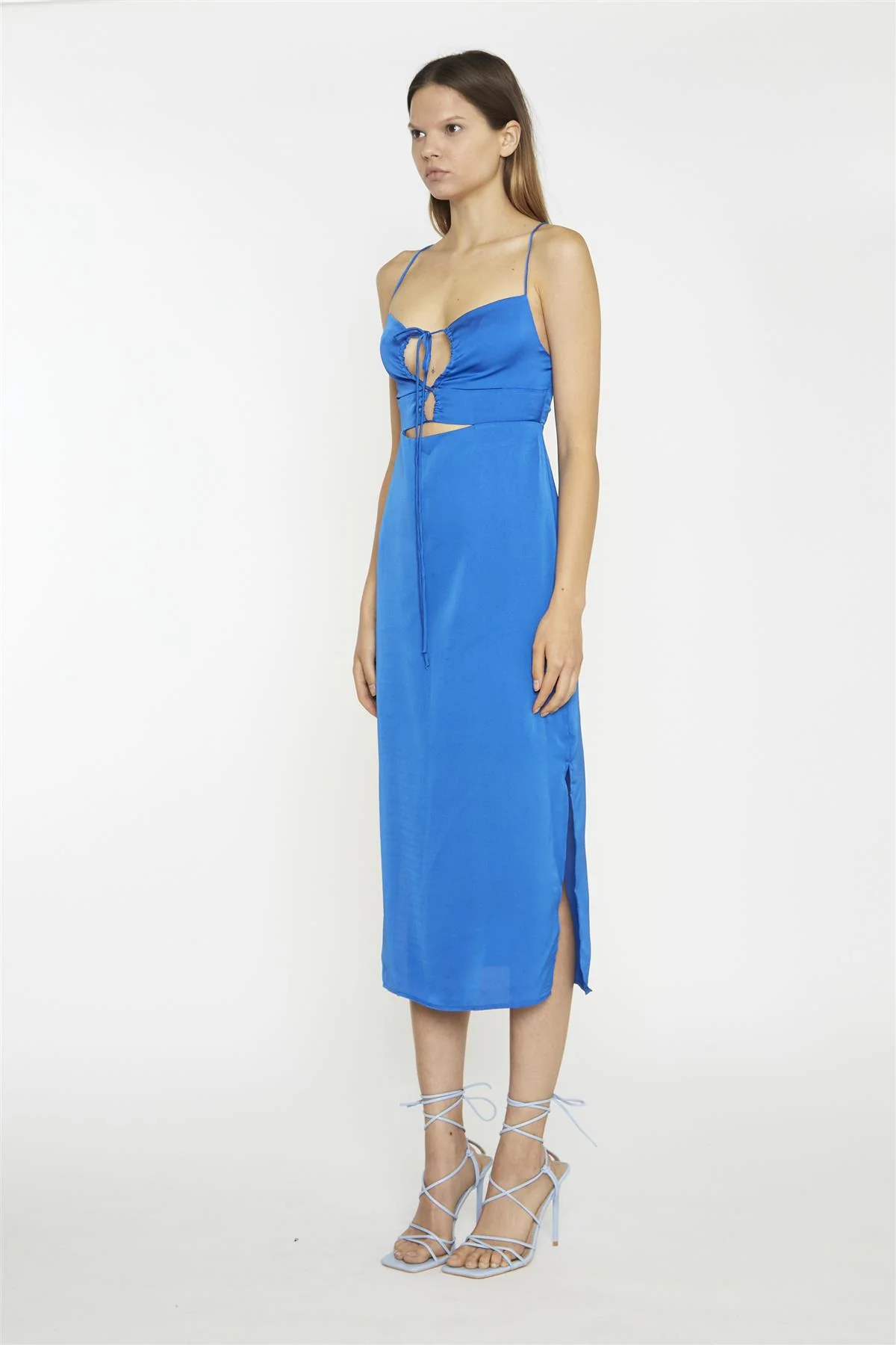 Scoop Neck Slip  Midi Dress - Blue Sateen - Image 3