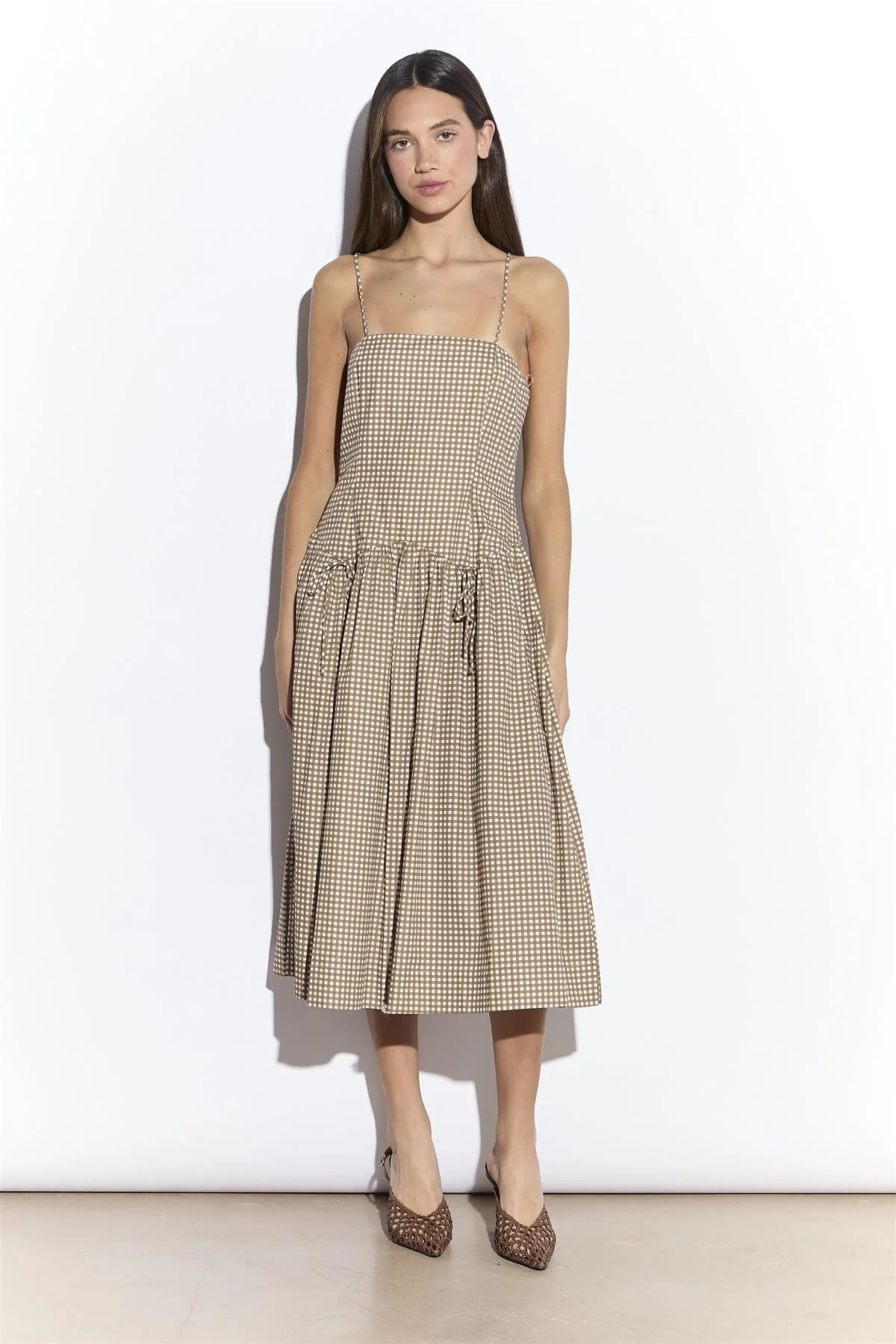 Taupe Gingham Dropped Waist Cami Midi Dress