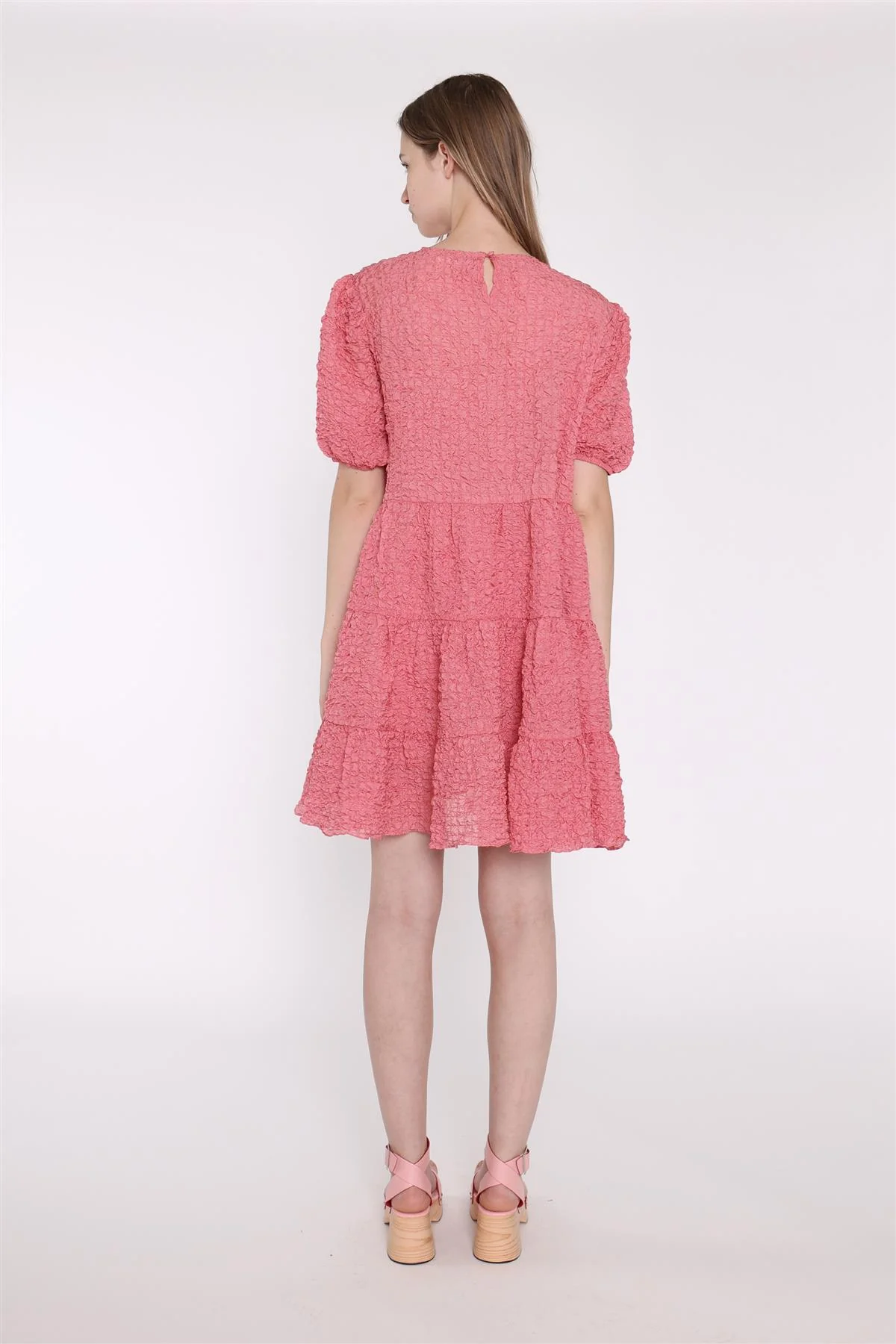 Textured-Rose Puff-Sleeve-Tiered Mini-Dress - Image 2