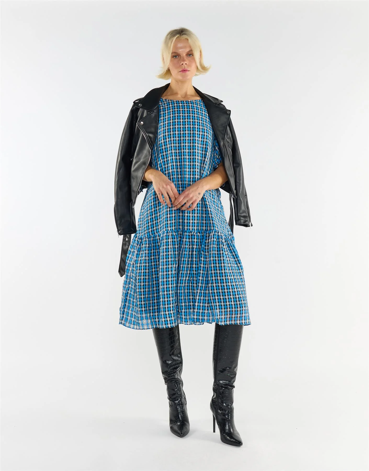 Puff Sleeves Tiered Midi Dress - Blue Multi Check