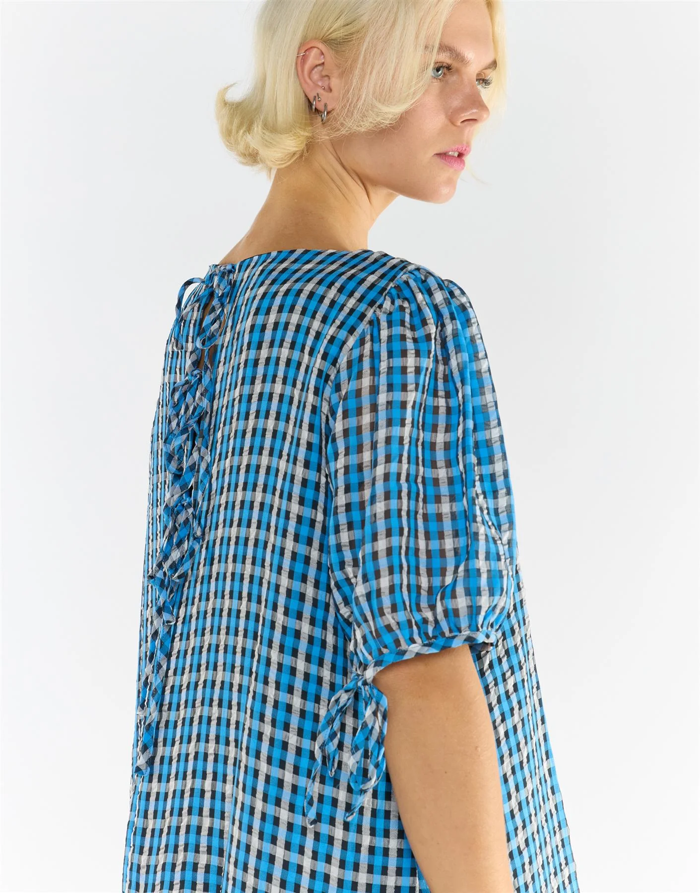 Puff Sleeves Tiered Midi Dress - Blue Multi Check - Image 3