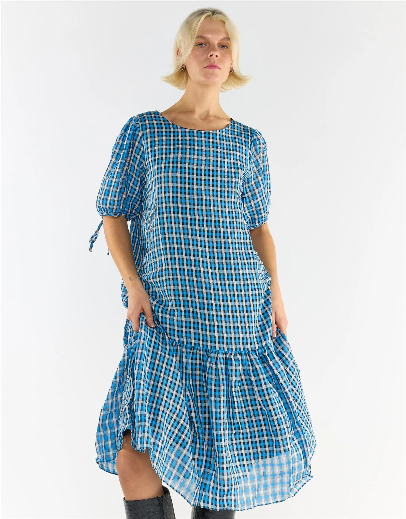 Puff Sleeves Tiered Midi Dress - Blue Multi Check - Image 4