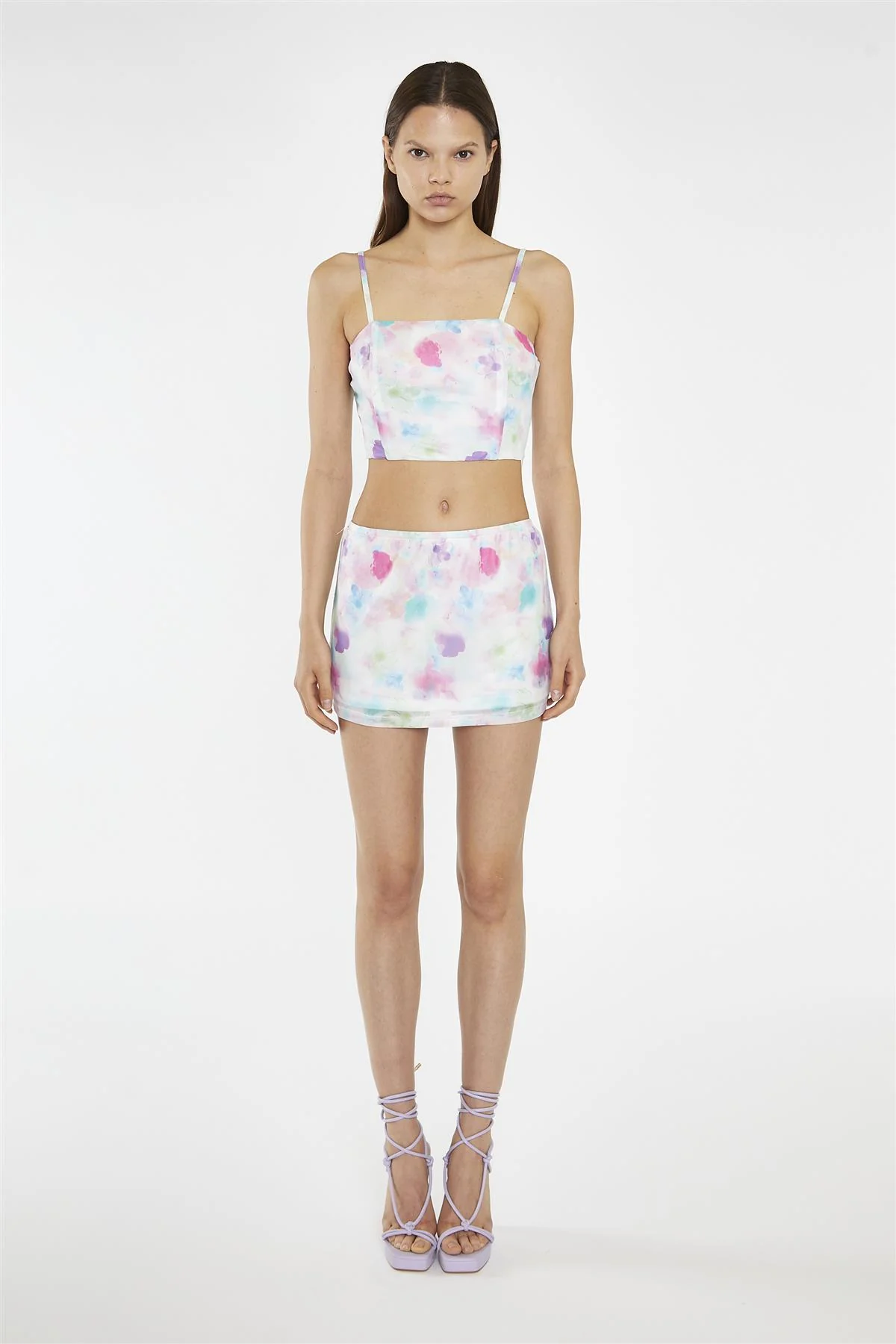 Watercolour Floral Mesh Square Neck Crop Top - Image 3