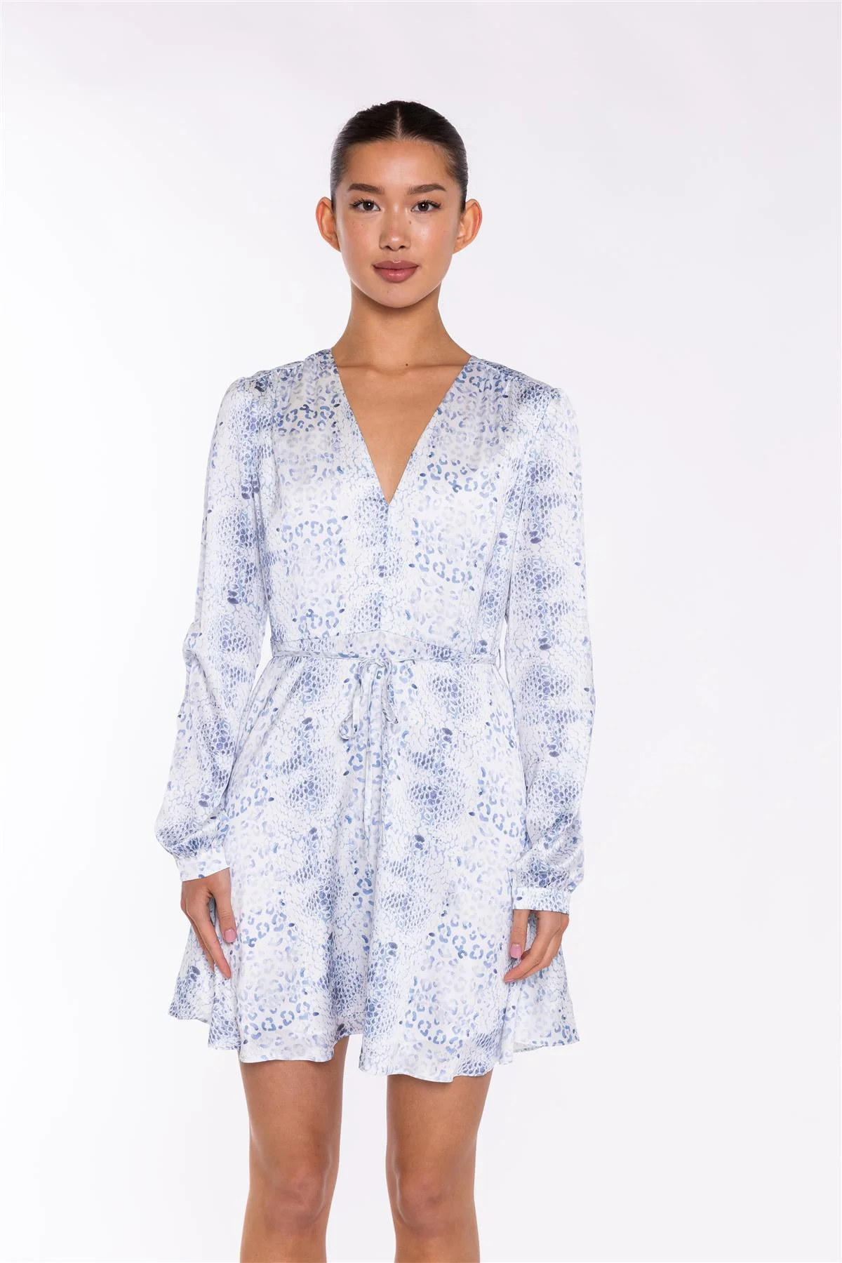 White-Blue Animal V-Neck Mini-Dress - Image 3