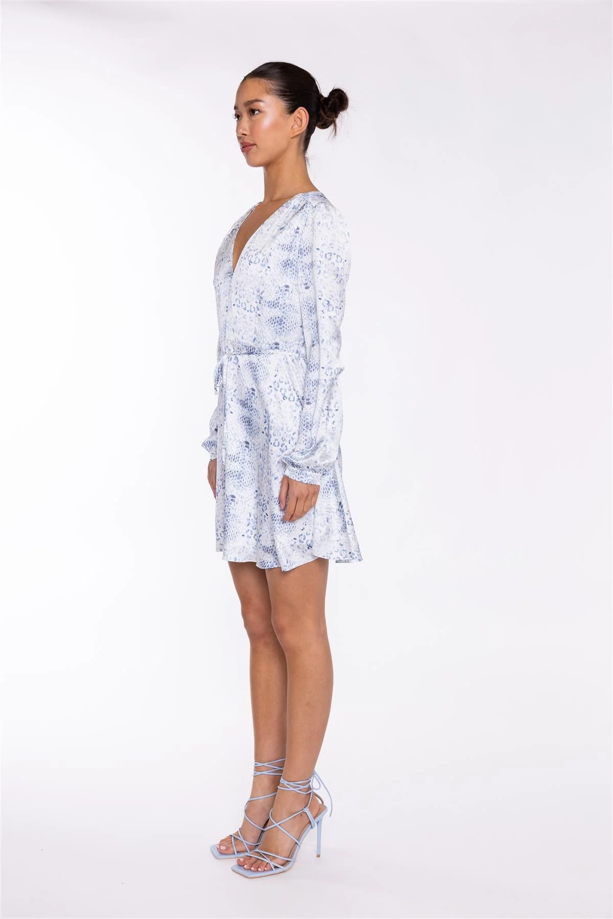 White-Blue Animal V-Neck Mini-Dress - Image 4