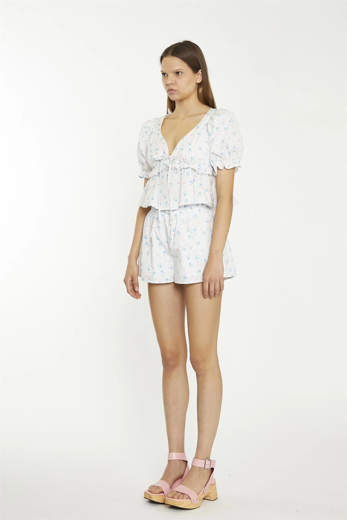 White Blue Pink Ditsy  Floral Shorts - Image 4