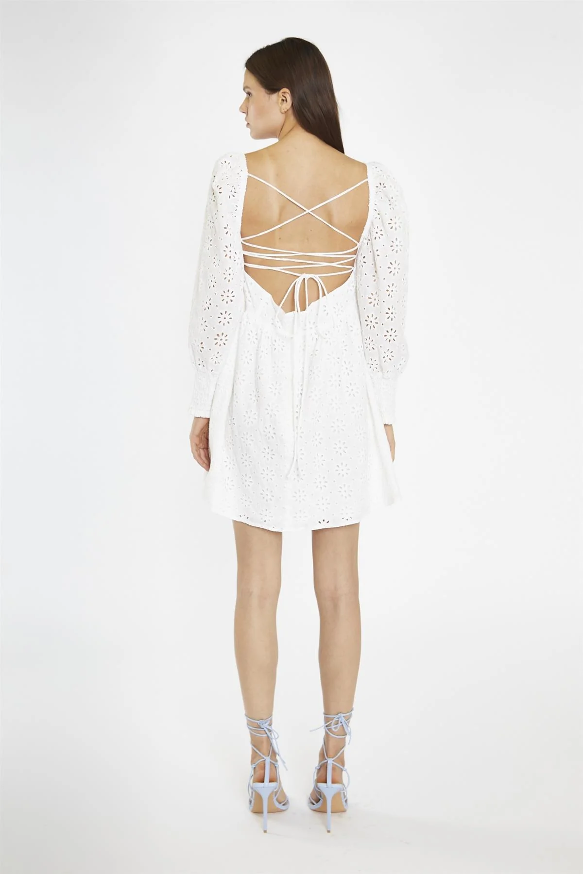 White-Broderie Lace-Up Corset Mini-Dress - Image 2