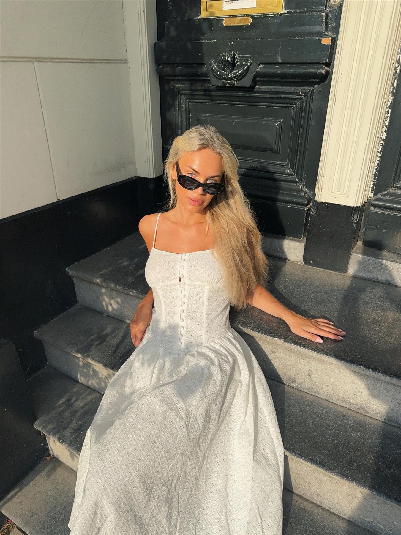 White Broderie Pleated Maxi-Dress - Image 7
