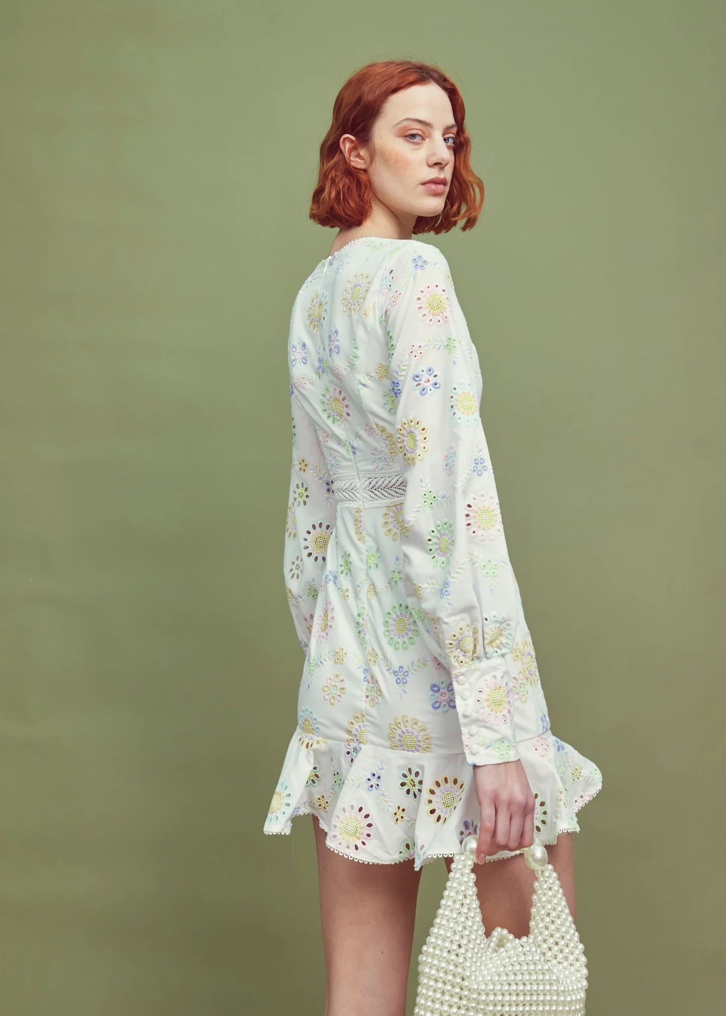 White-Pastel Broderie Long Sleeve Mini Dress - Image 2