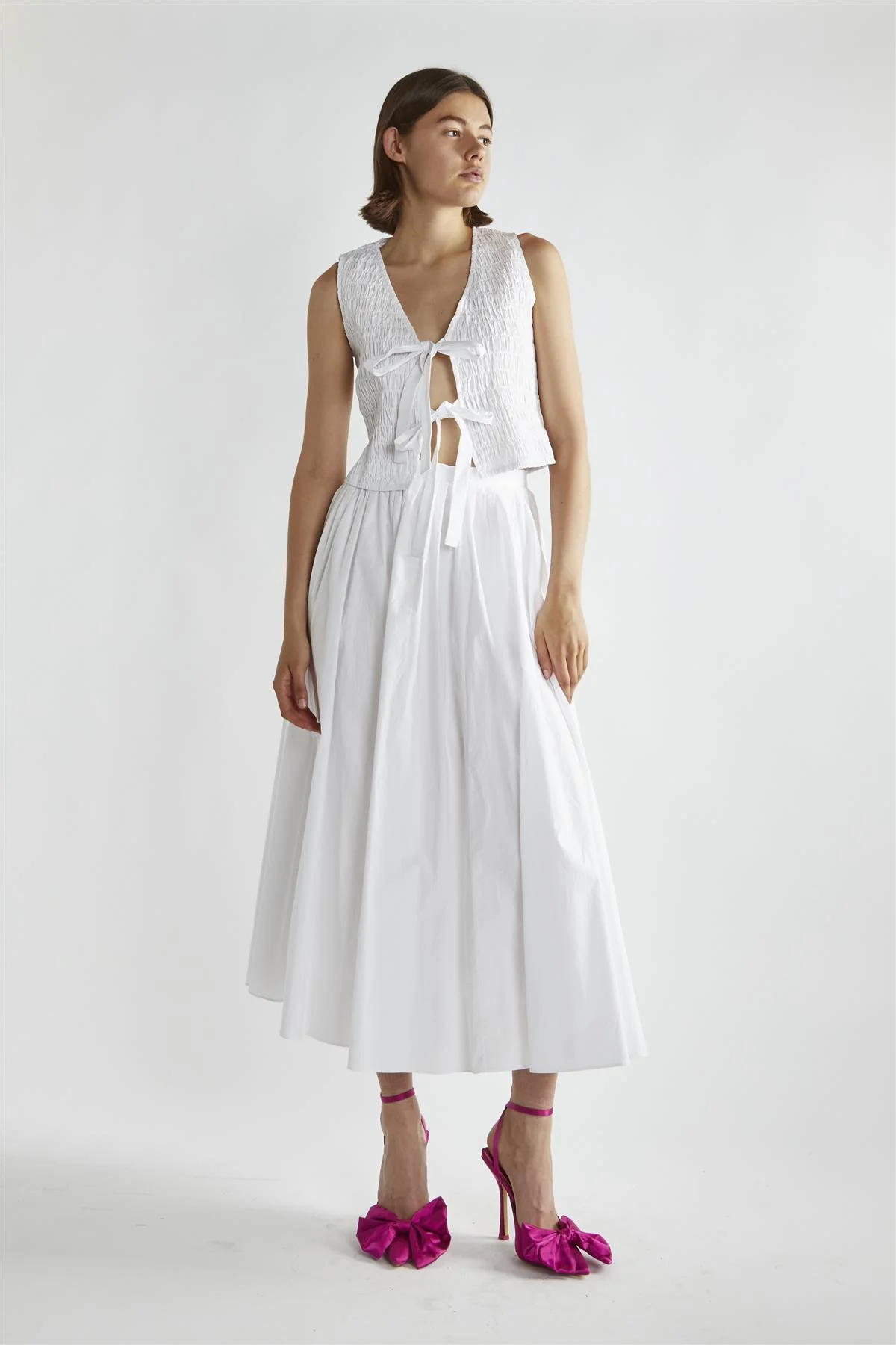 White Shirred Tie-Front Top
