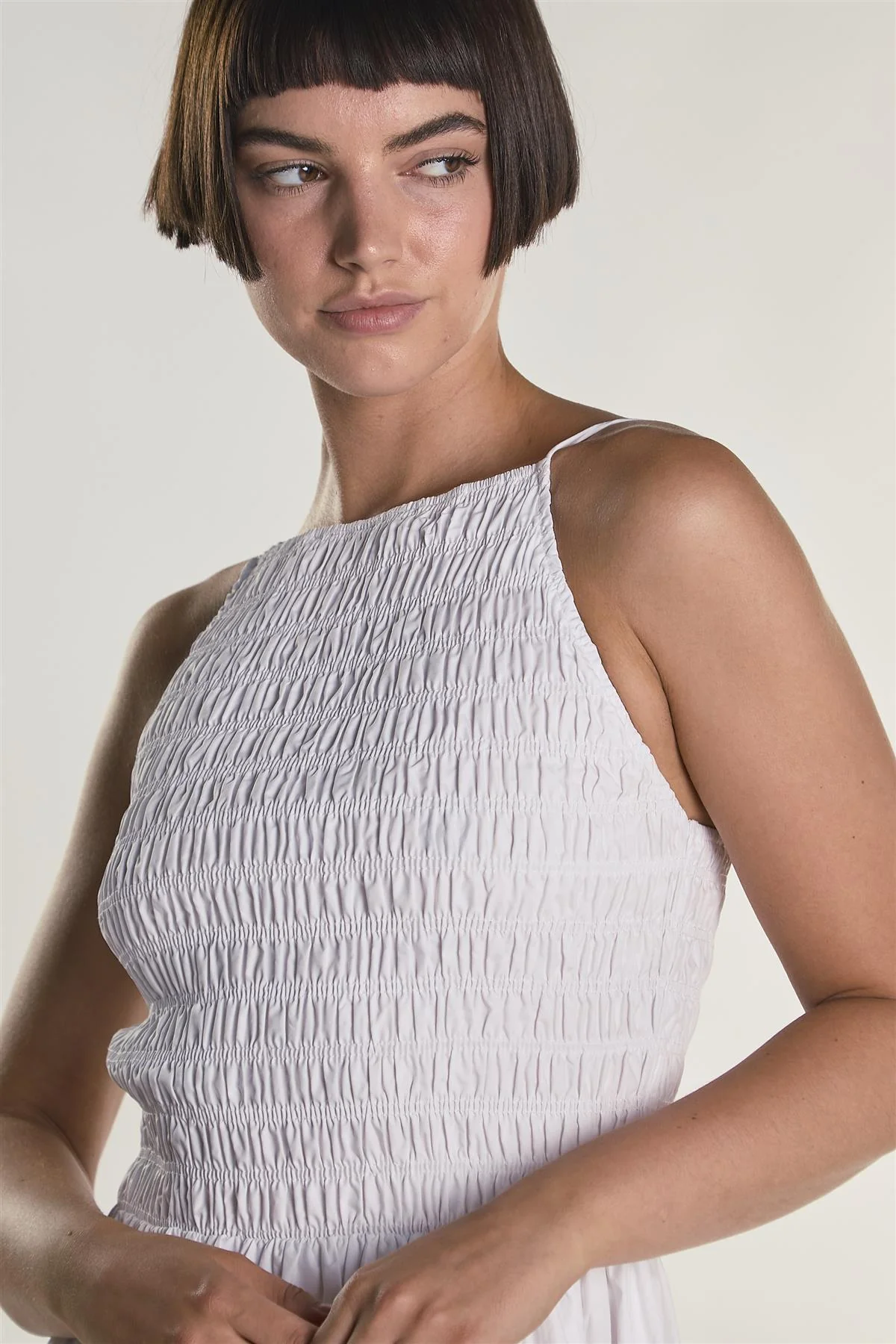 White Shirring Body Boat Neck Maxi Dress - Image 4