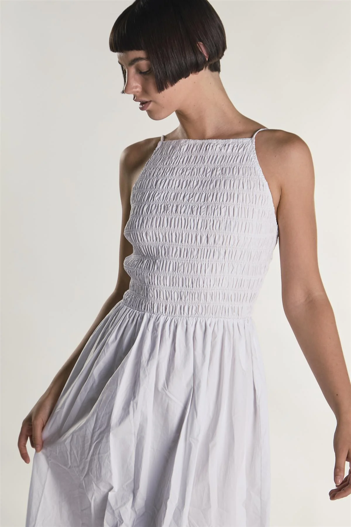 White Shirring Body Boat Neck Maxi Dress - Image 5