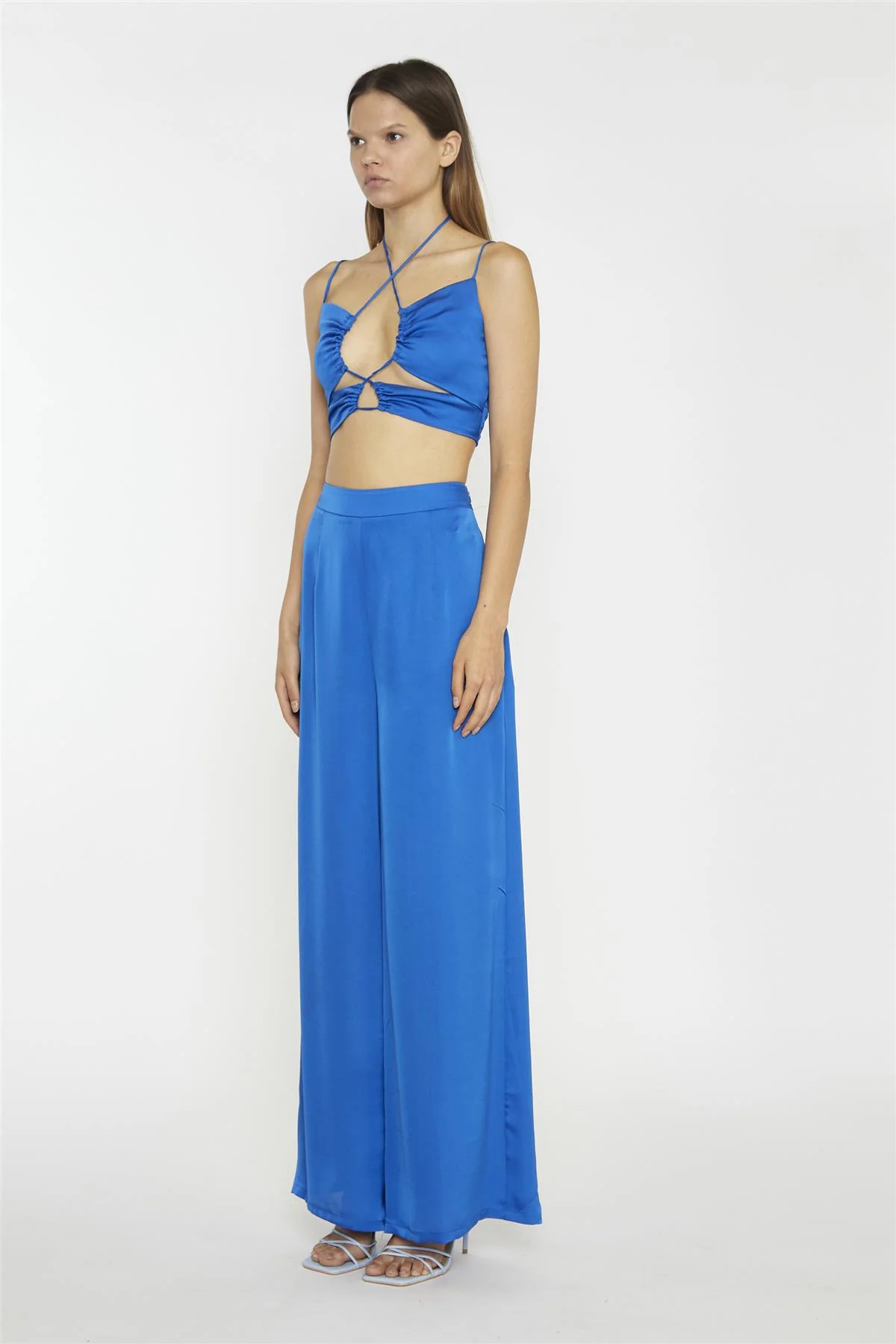 Wide Leg Trousers - Blue Sateen - Image 3