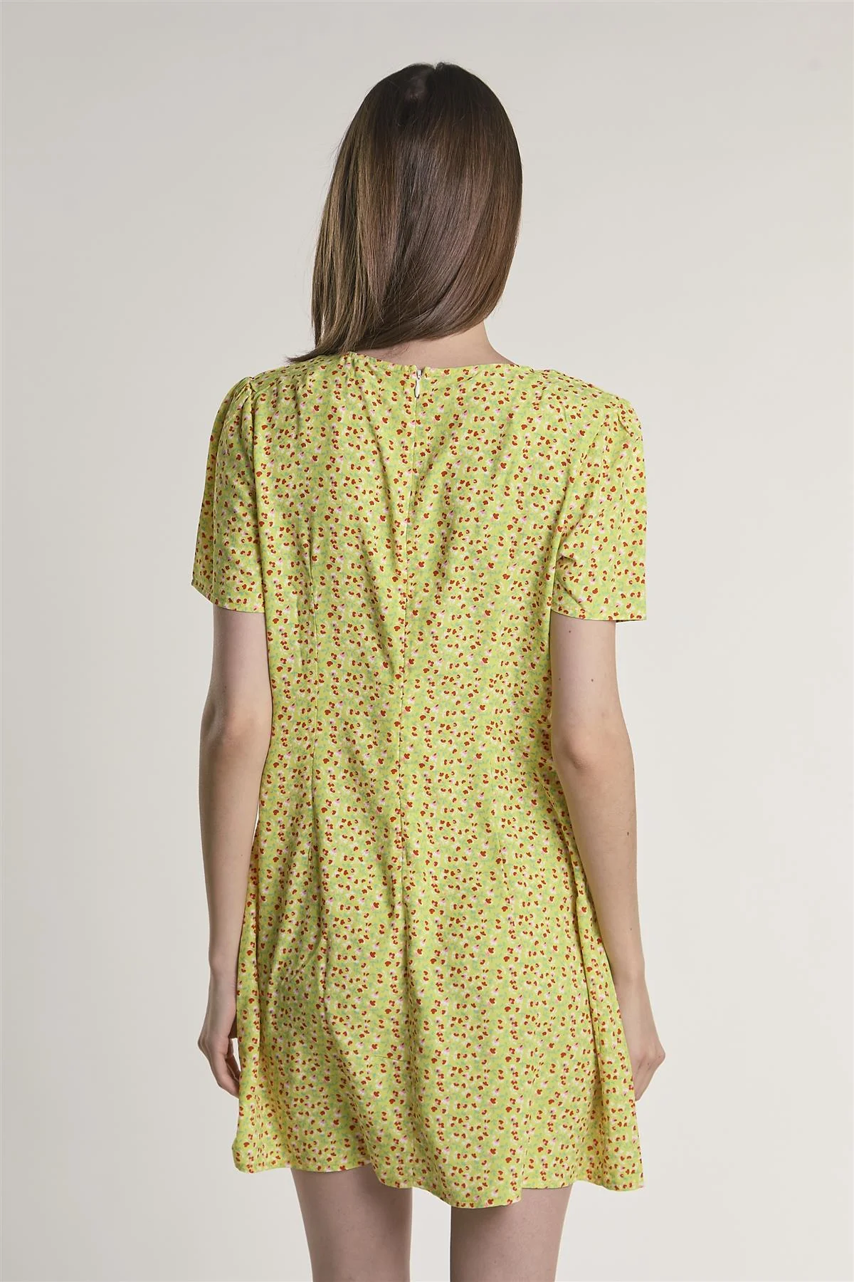 Yellow-Multi-Ditsy V-Neck-Front-Knot Mini-Dress - Image 2
