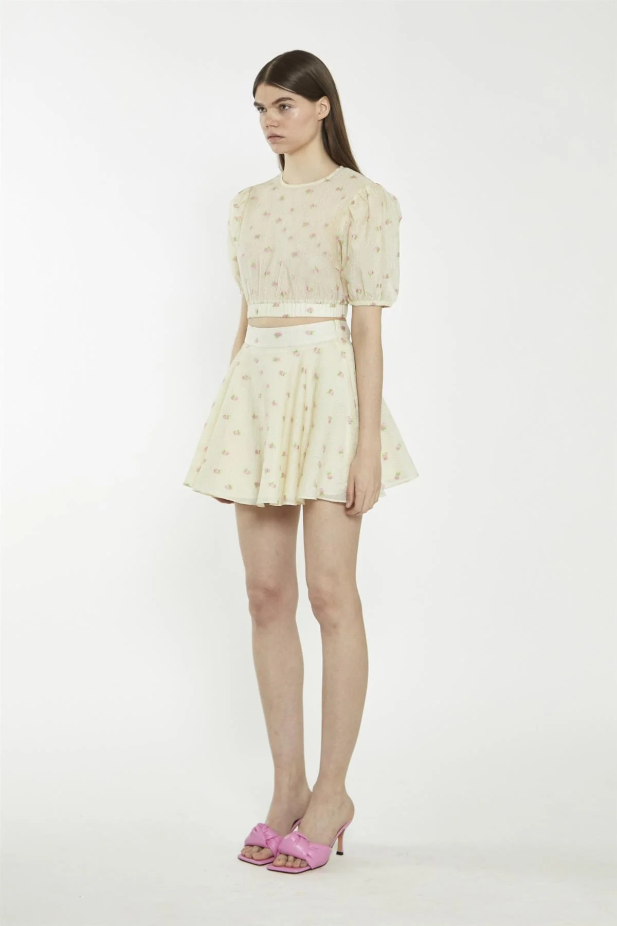 Yellow Pink Fruit Organza Puff Sleeve Crop Top - Image 3